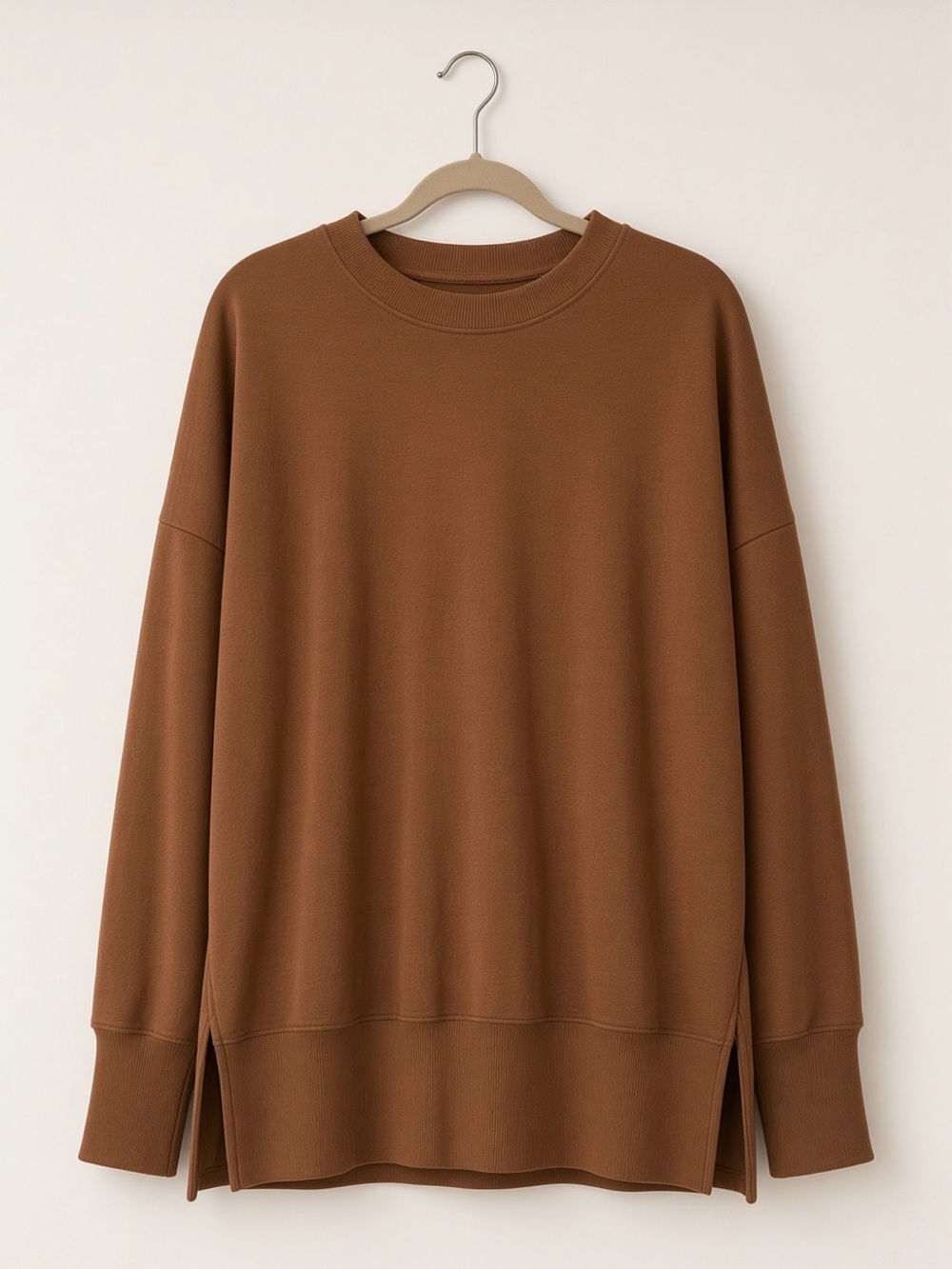 Brown Oversized Crewneck Sweatshirt Side Slit SIZE M
